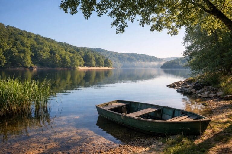 Vue du lac d’Éguzon entouré de nature, idéal pour un week-end au calme