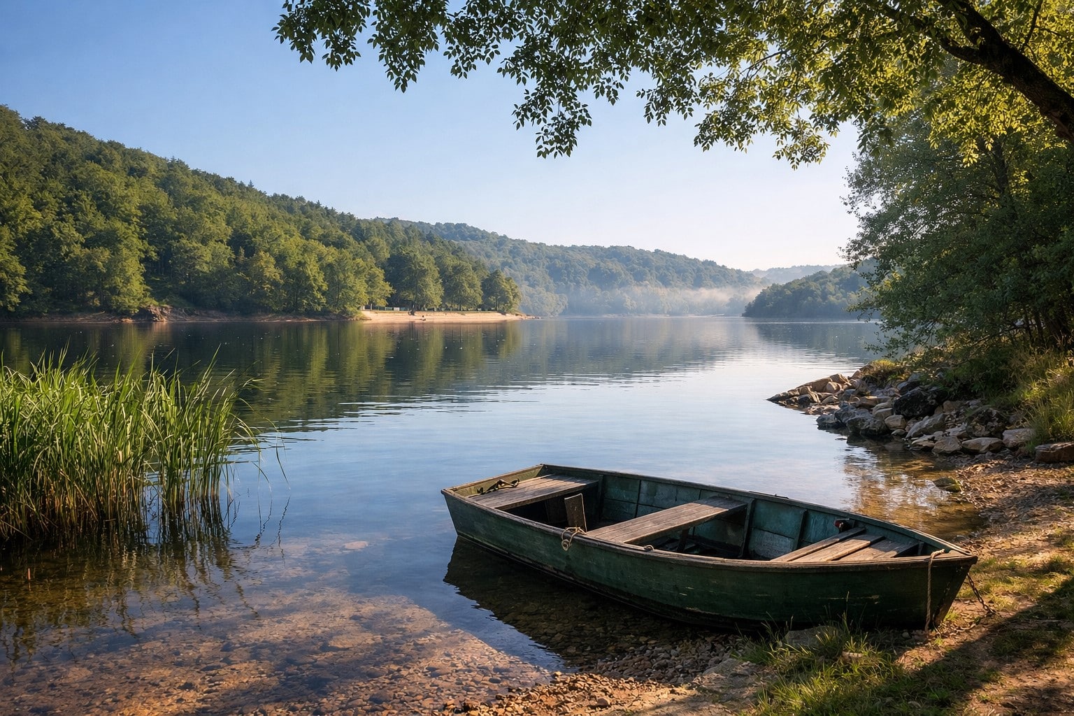 Vue du lac d’Éguzon entouré de nature, idéal pour un week-end au calme